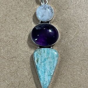 925 Plated/Stamped - XXL Moonstone, Amethyst, & Amazonite Pendant Necklace